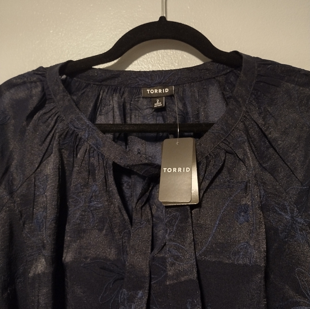 Torrid Chiffon Embroidered Tie Front Peasant Top Blouse - Picture 7 of 11